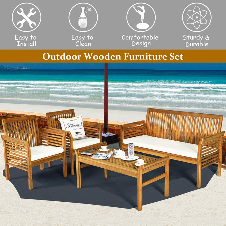 4 Piece Outdoor Acacia Wood Sofa Set with Water Resistant Cushions, Padded Patio Conversation Table Chair Set W/Coffee Table for Garden, Backyard, Poolside (1)