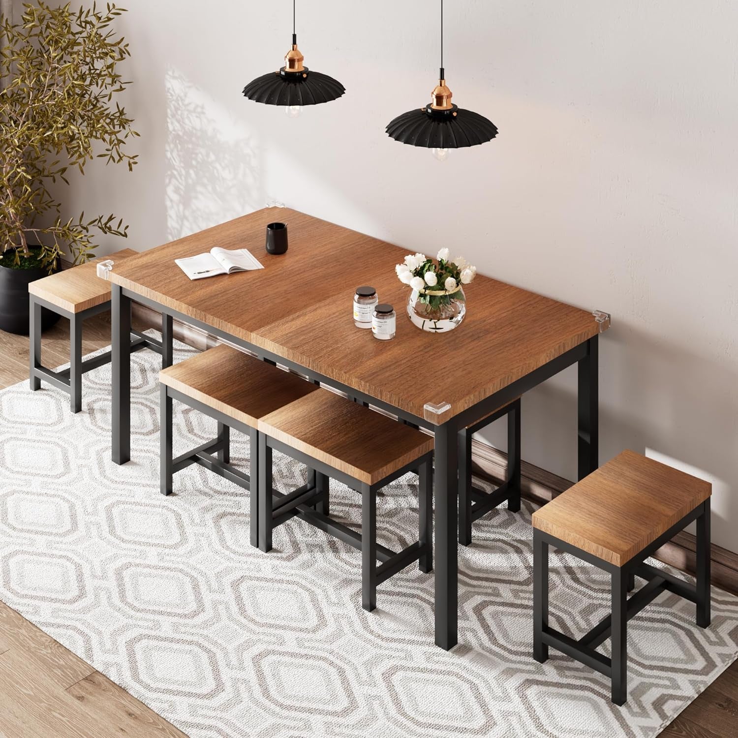 7-Piece Dining Table Set with 6 Stools, 63