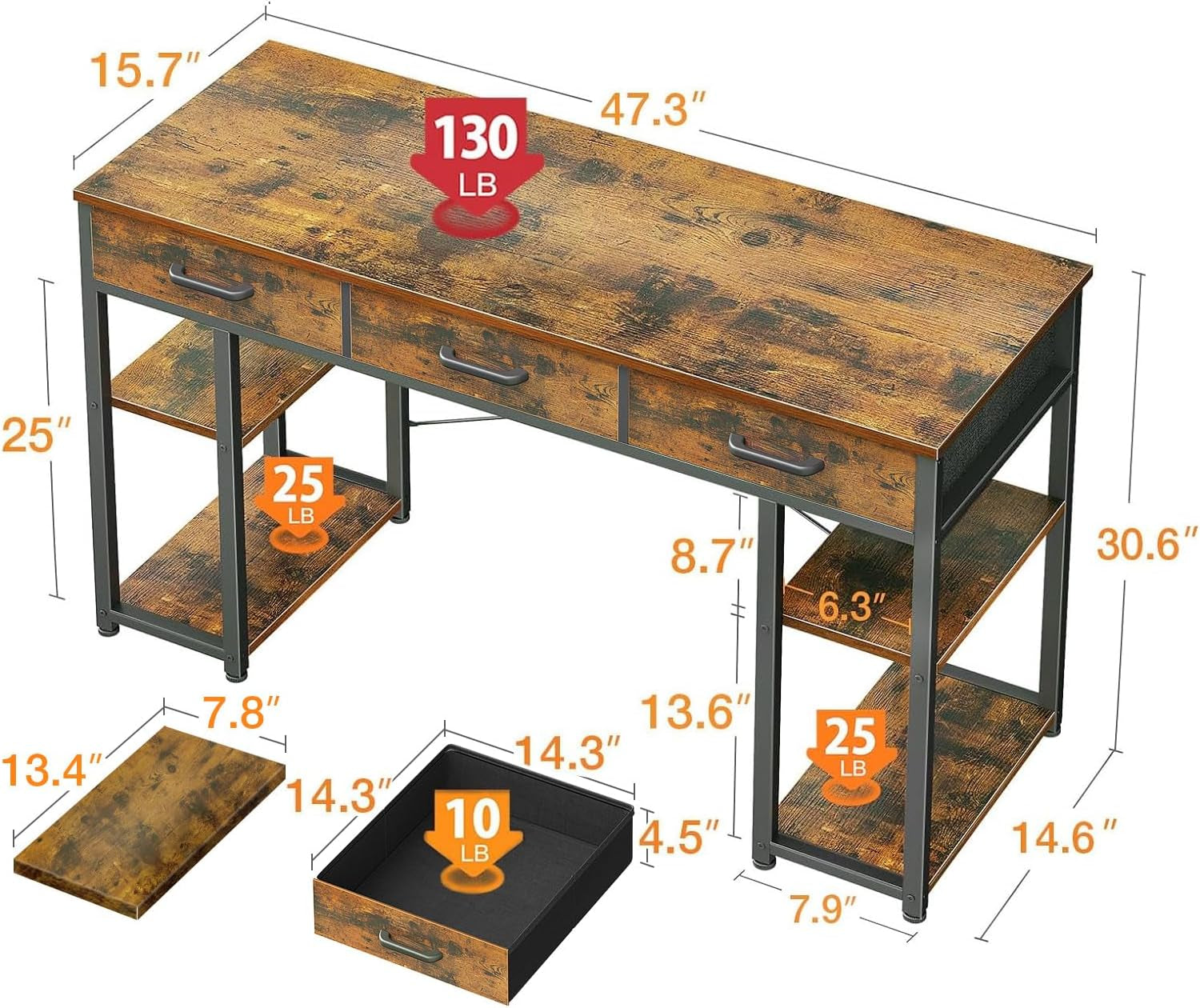 Office Small Computer Desk: Home Table with Fabric Drawers & Storage Shelves, Modern Writing Desk, Vintage, 48