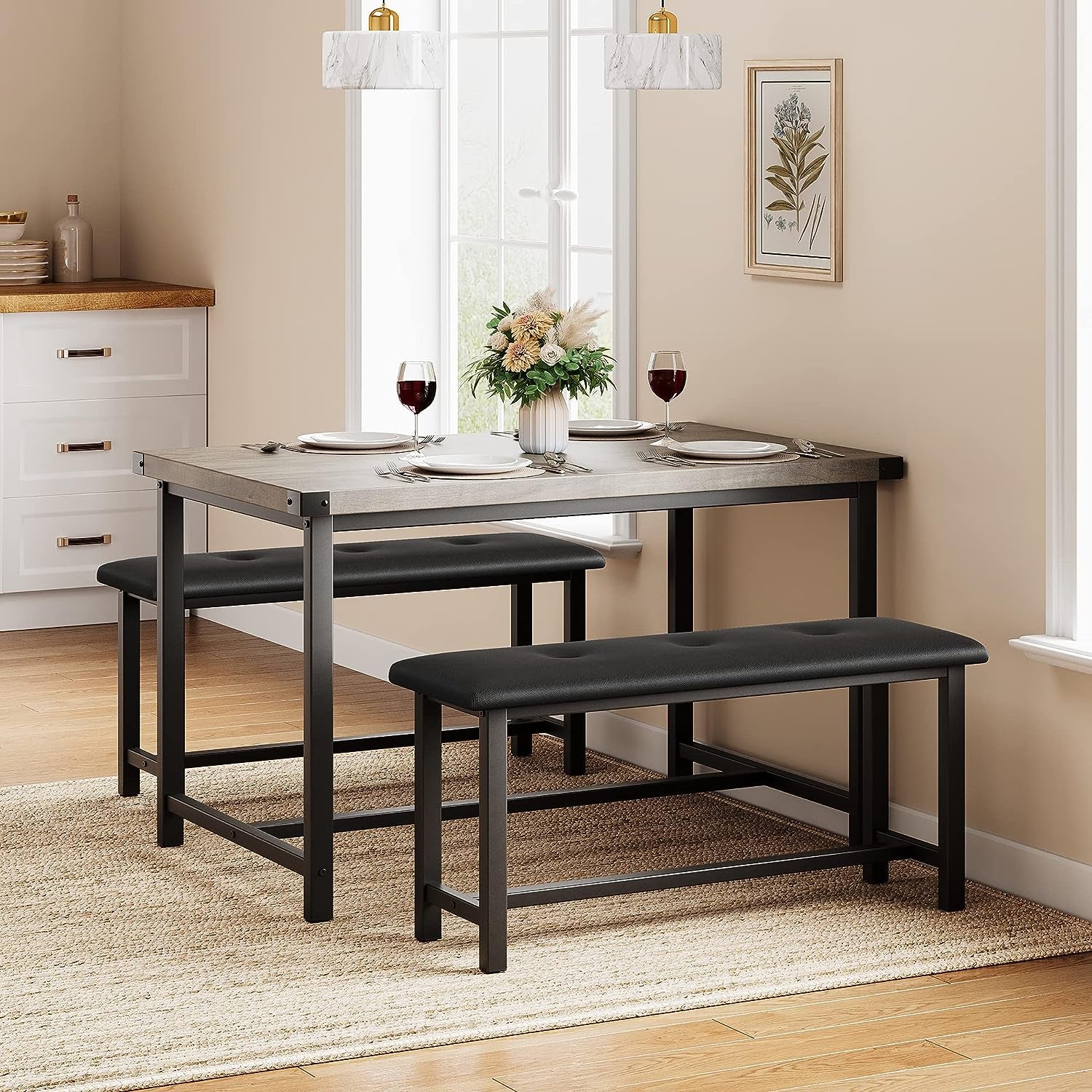 Dining Table Set for 4, Kitchen Table Set for 4 with Upholstered Benches, Rectangular Dining Room Table Set for Small Space, Apartment, Studio, Rustic Gray