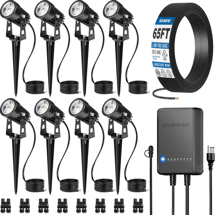 All-In-One LED Landscape Lighting Kit, 8-Pack Low Voltage Landscape Lights with Transformer and 65FT Ul-Listed Wire, 3000K Waterproof Outdoor Uplights with Connectors for Yard House Garden Tree