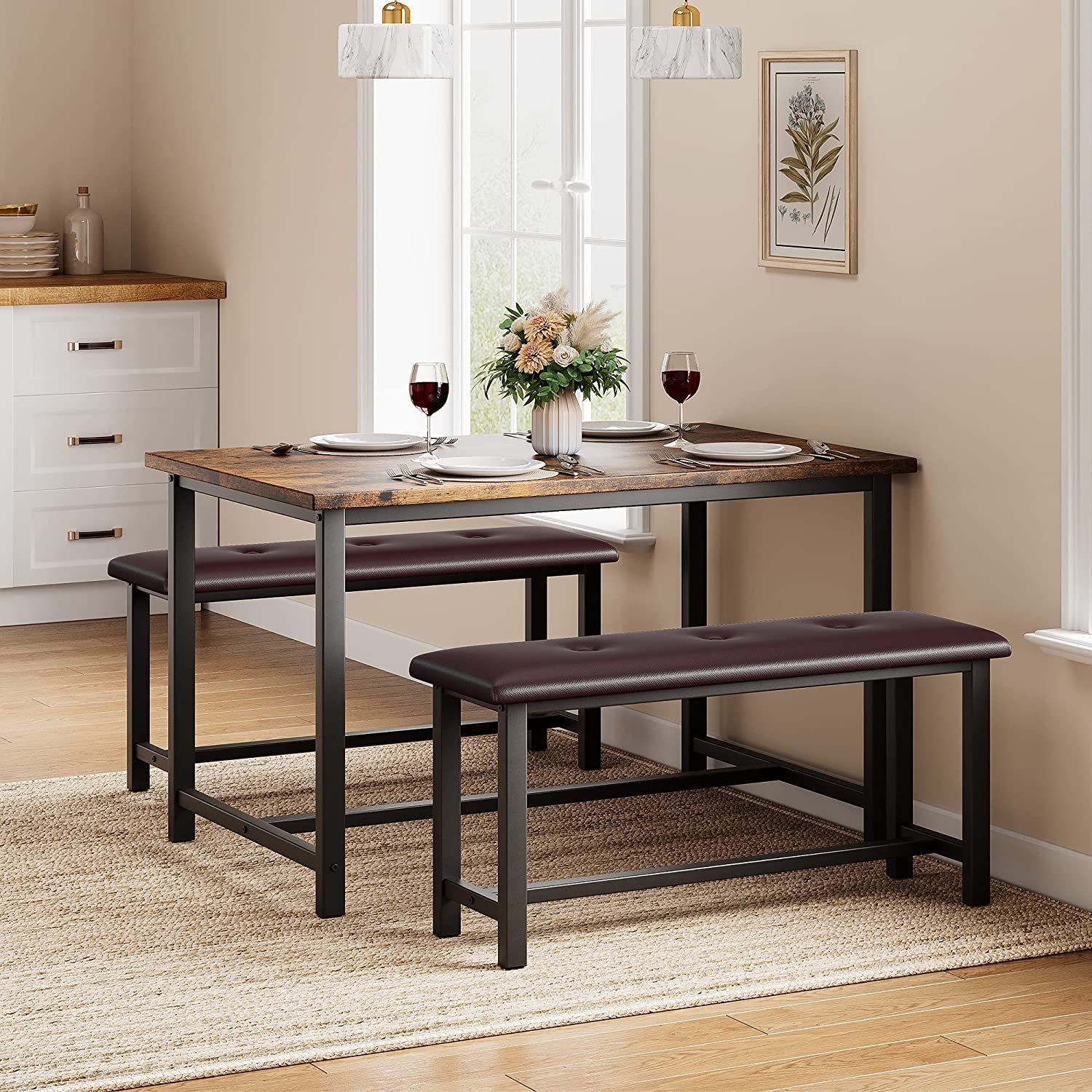 Dining Table Set for 4, Kitchen Table Set for 4 with Upholstered Benches, Rectangular Dining Room Table Set for Small Space, Apartment, Studio, Rustic Brown
