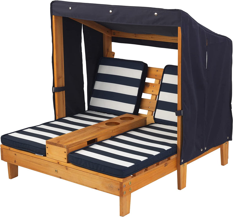 Wooden Outdoor Double Chaise Lounge with Cup Holders, Kid'S Patio Furniture, Honey with Navy and White Striped Fabric, Gift for Ages 3-8