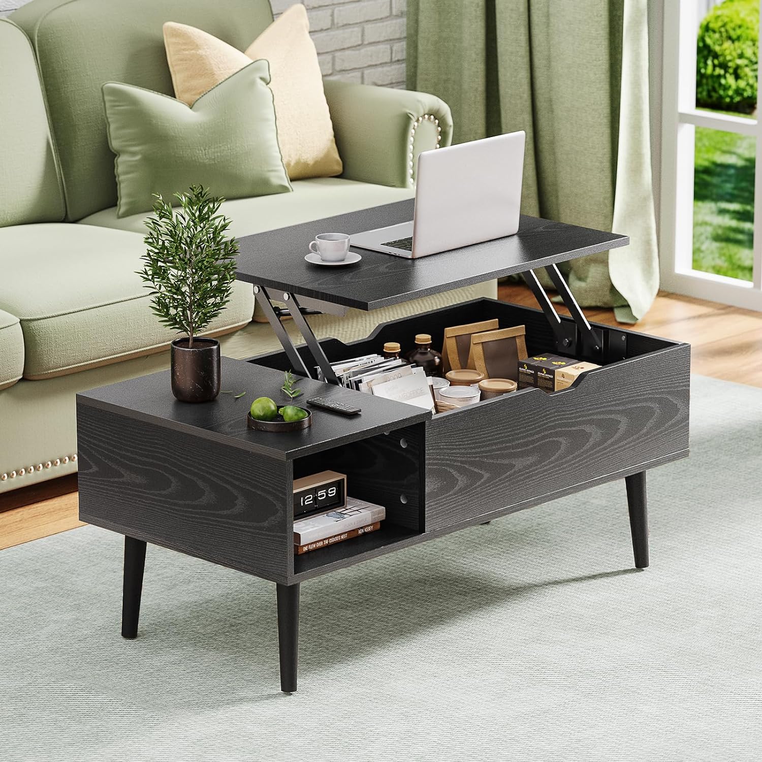 Small Coffee Table with Storage Shelf and Hidden Compartment, Modern Wood Lift Top Coffee Table for Living Room, Office, Reception Room