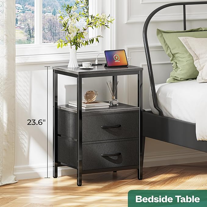 Nightstands Set of 2, End Tables with Charging Station, Side Tables with Fabric Drawers, Bedside Tables with USB Ports and Outlets, Night Stands for Bedroom