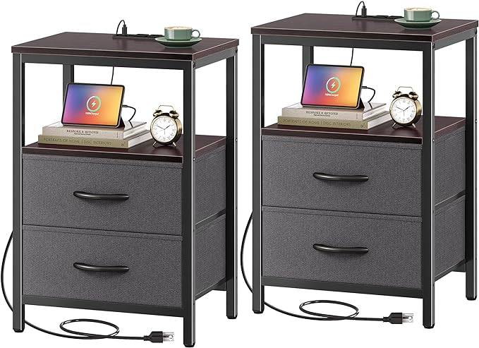 Nightstands Set of 2, End Tables with Charging Station, Side Tables with Fabric Drawers, Bedside Tables with USB Ports and Outlets, Night Stands for Bedroom