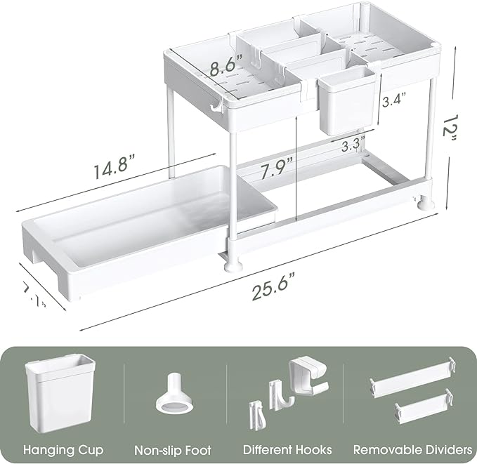 Under Sink Organizer, Sliding Cabinet Basket Organizer 2 Tier Under Bathroom Storage Rack with Hooks, Hanging Cup, Dividers, Multi-purpose for Bathroom Kitchen(Two Pack)