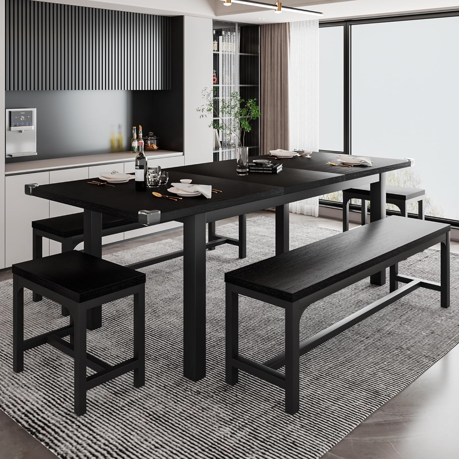 5-Piece Dining Table Set for 4-8 People, Extendable Kitchen Table Set with 2 Benches and 2 Square Stools, Mid-Century Dining Room Table with Metal Frame & MDF Board, Saving Space, Black