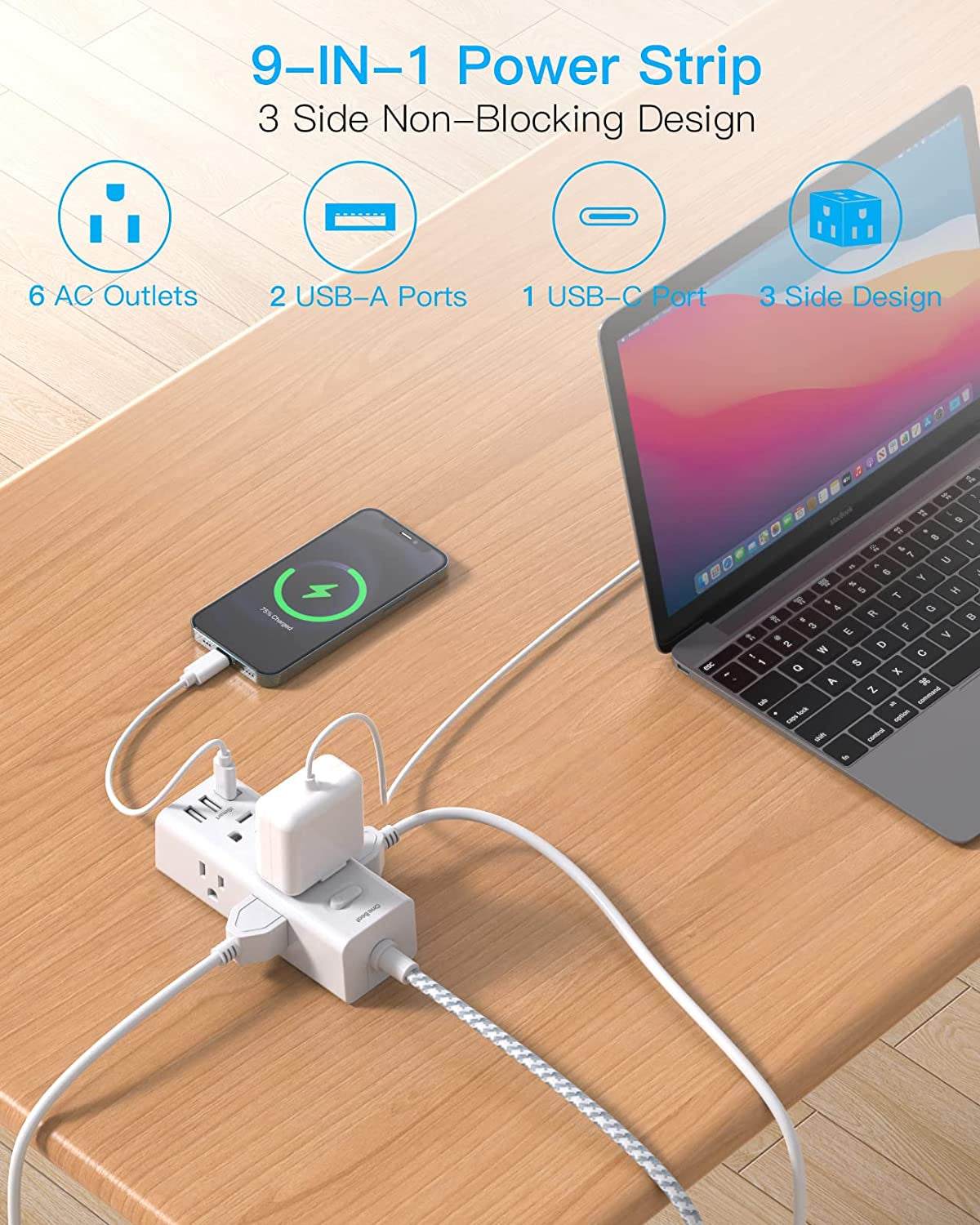 Surge Protector Power Strip,  Ultra Thin Flat Plug Extension Cord 5Ft, 6 Outlets 3 USB Ports(1 USB C), 3 Sided Outlet Extender for Home Office Travel Dorm Room Essentials
