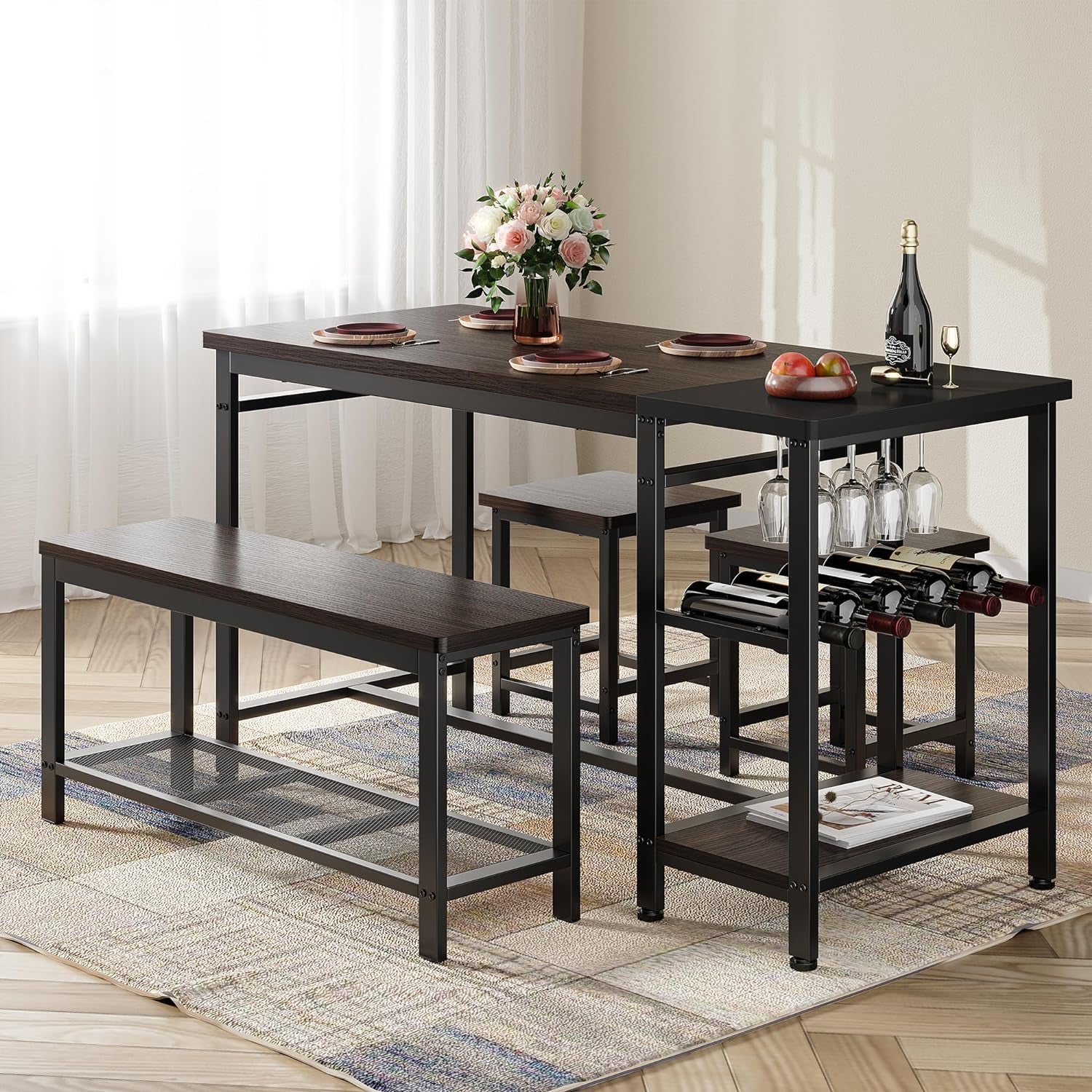 Dining Table Set for 4, Kitchen Table Set 4 Piece Dining Room Table Set with Wine Rack and Storage Shelf, Space-Saving Dinette Set for Small Space,Breakfast Nook, Espresso Brown