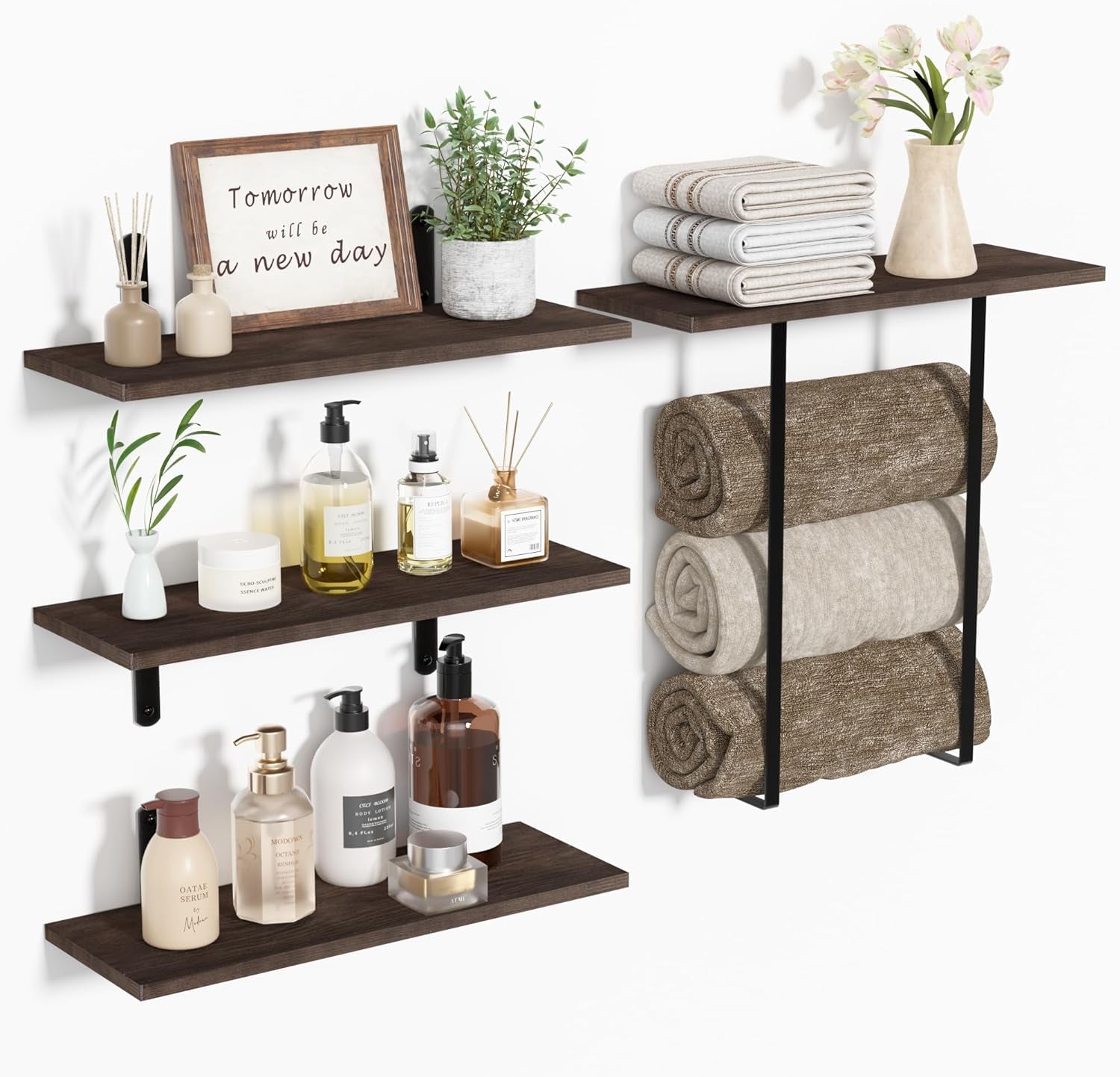 Bathroom Shelves over Toilet, 3+1 Tier Floating Shelves, Dark Brown Wooden Storage Wall Shelves with Towel Rack, Wall Mounted Hanging Shelf for Bedroom, Kitchen, Living Room, Laundry Décor