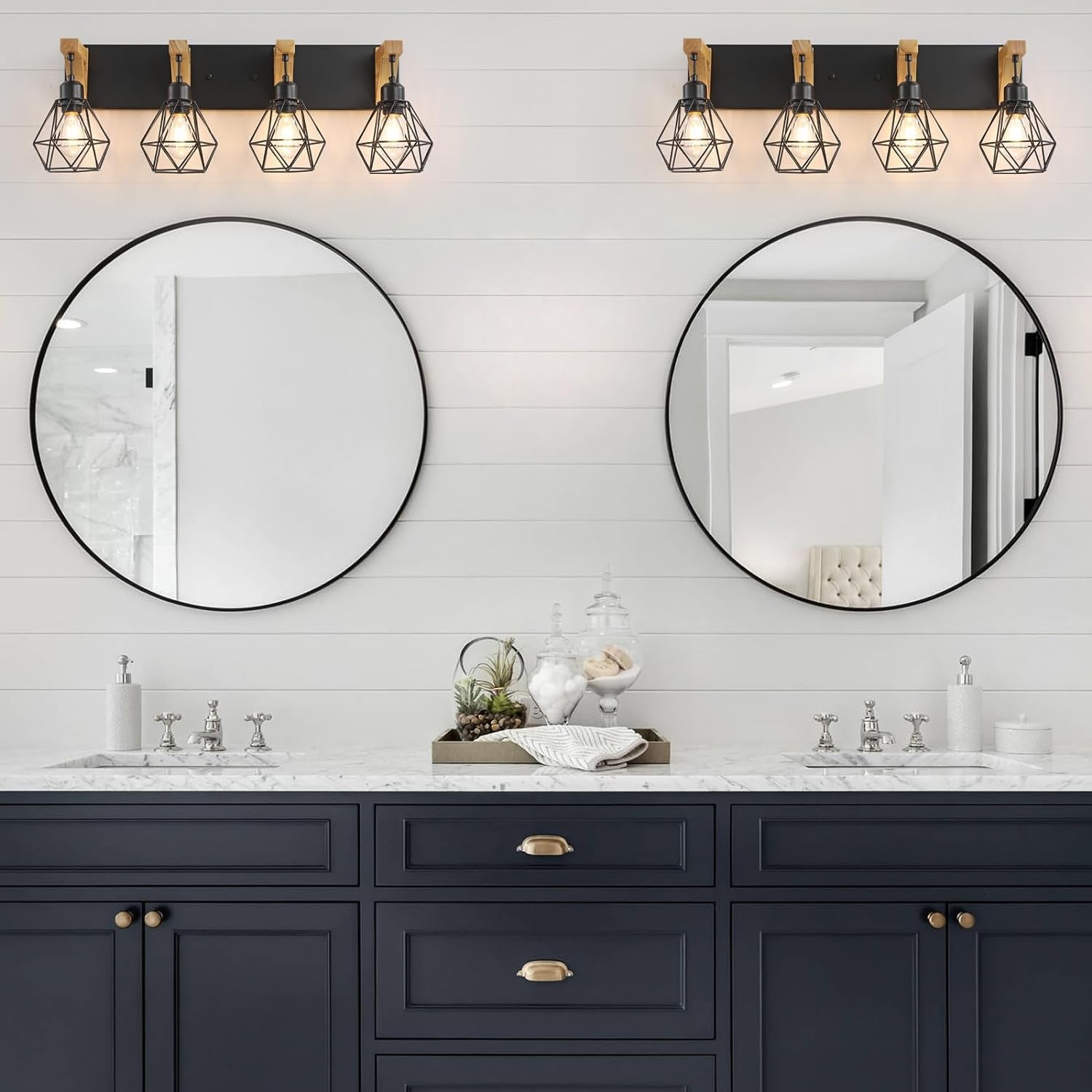 4-Light Farmhouse Bathroom Vanity Light Fixtures, Wood Bathroom Light over Mirror, Rustic Sconces Wall Lighting with Elegant Metal Lampshade for Living Room, Bedroom, Hallway