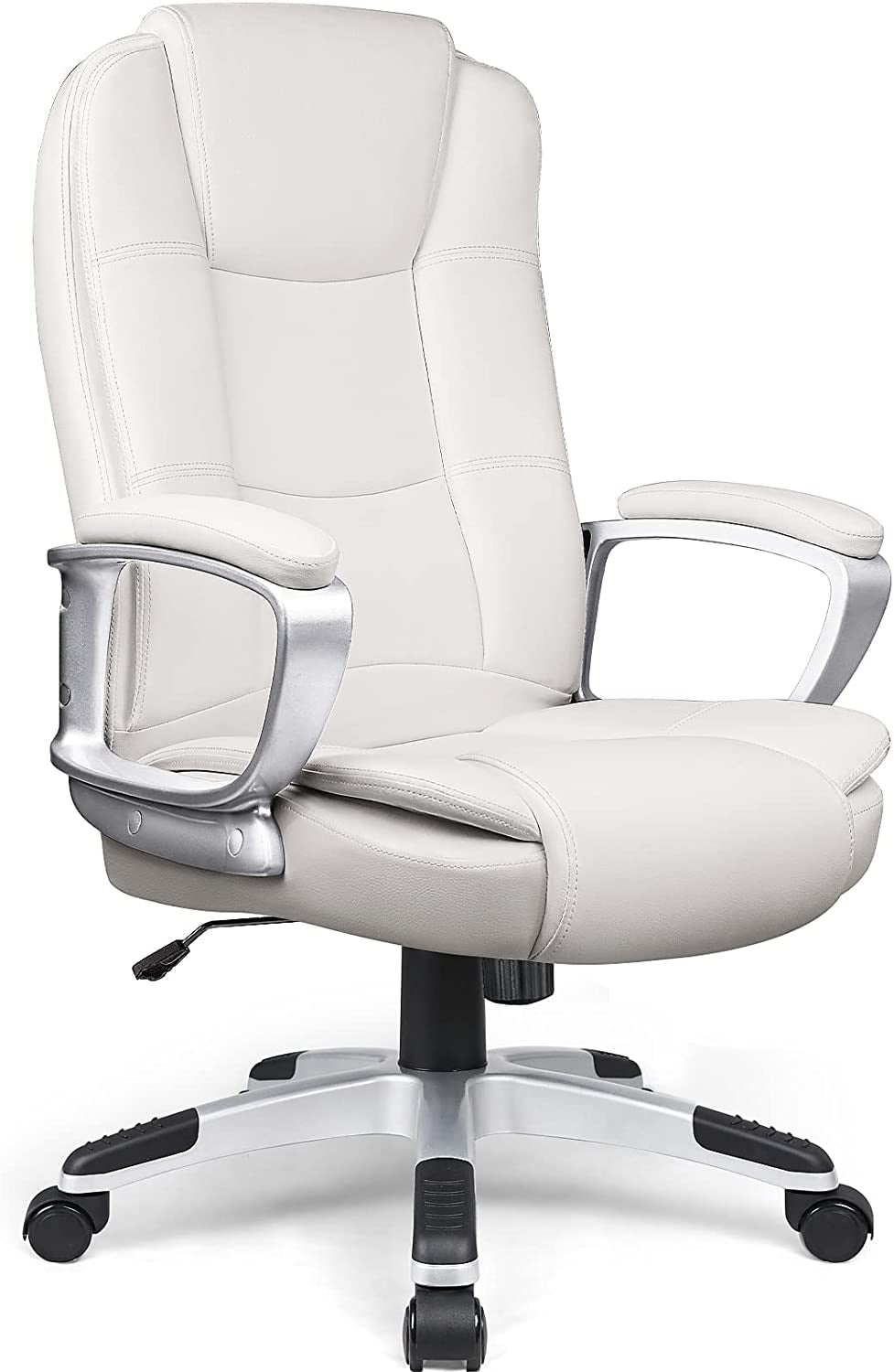 Office Desk Chair, Big and Tall Managerial Executive Chair, High Back Computer Chair, Ergonomic Adjustable Height PU Leather Chairs with Cushions Armrest for Long Time Sitting (White)