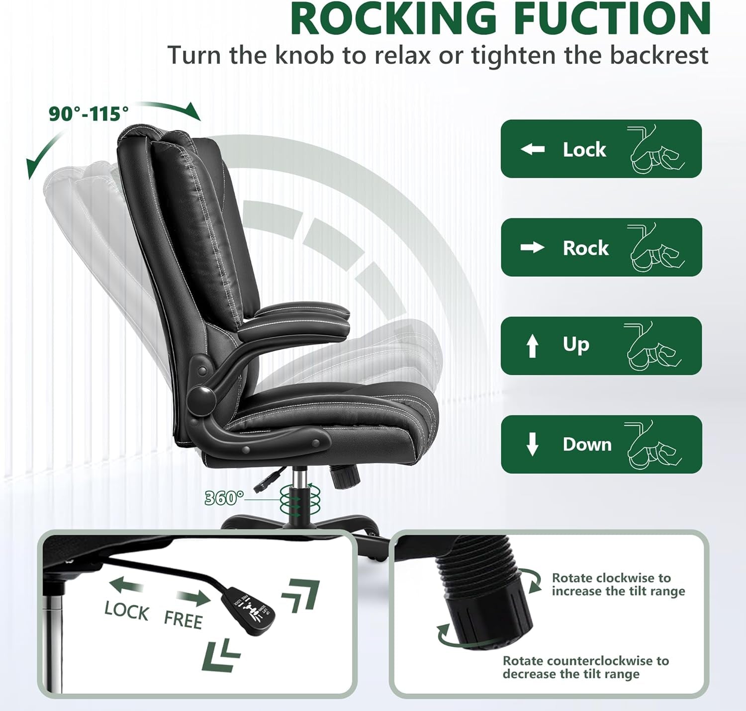 Office Chair,Executive Leather Chair Home Office Desk Chairs Ergonomic High Back with Lumbar Suppor Computer Chair Adjustable Flip-Up Armrest Swivel Rolling Chair with Rocking Function(Black