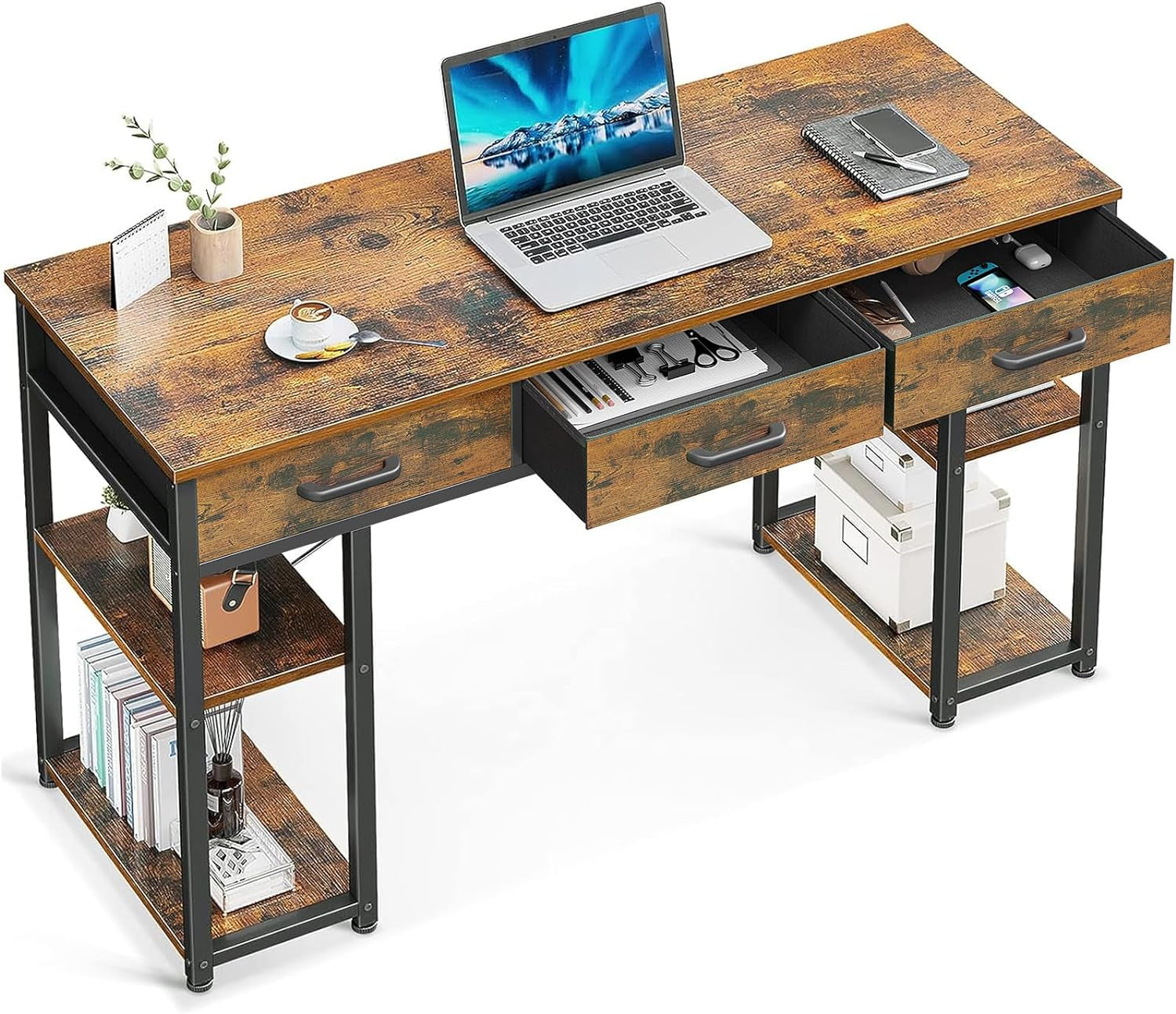 Office Small Computer Desk: Home Table with Fabric Drawers & Storage Shelves, Modern Writing Desk, Vintage, 48