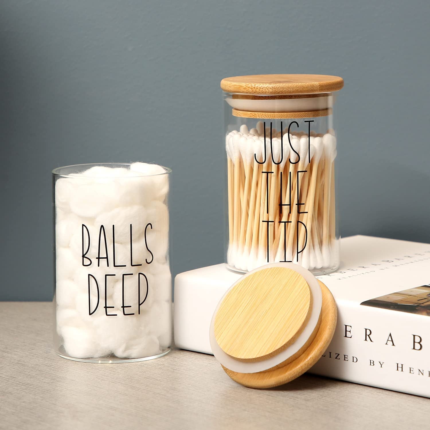 Apothecary Jars with Lids Glass, Cotton Ball, Qtip/Bobby Pin Holder, Hair Tie Organizer Are Great for Bathroom Organization, Accessories. (Set of 4, Ties & Pins)