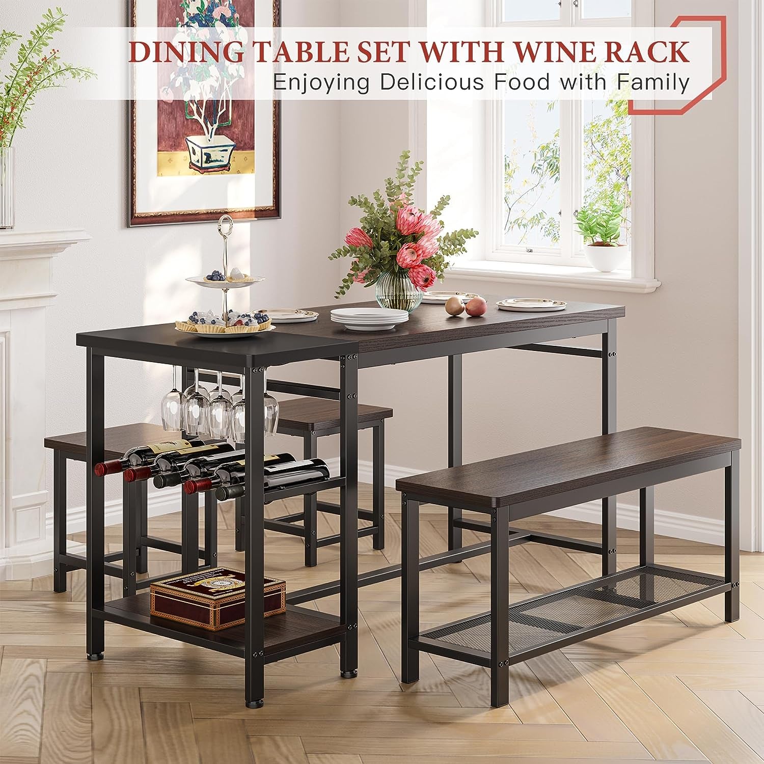 Dining Table Set for 4, Kitchen Table Set 4 Piece Dining Room Table Set with Wine Rack and Storage Shelf, Space-Saving Dinette Set for Small Space,Breakfast Nook, Espresso Brown