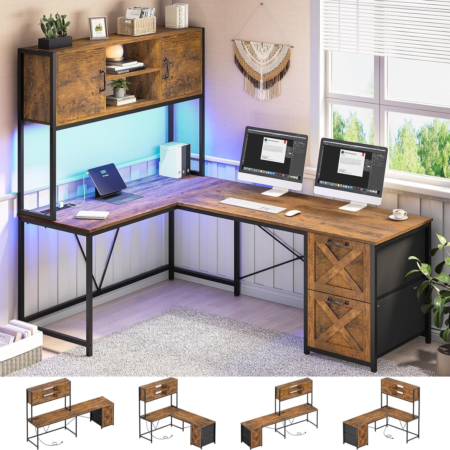 L Shaped Desk with Drawers, Reversible Corner Computer Desk with Power Outlet & Hutch, Office Desk with Storgae, Gaming Desk with Led Lights, Rustic Brown