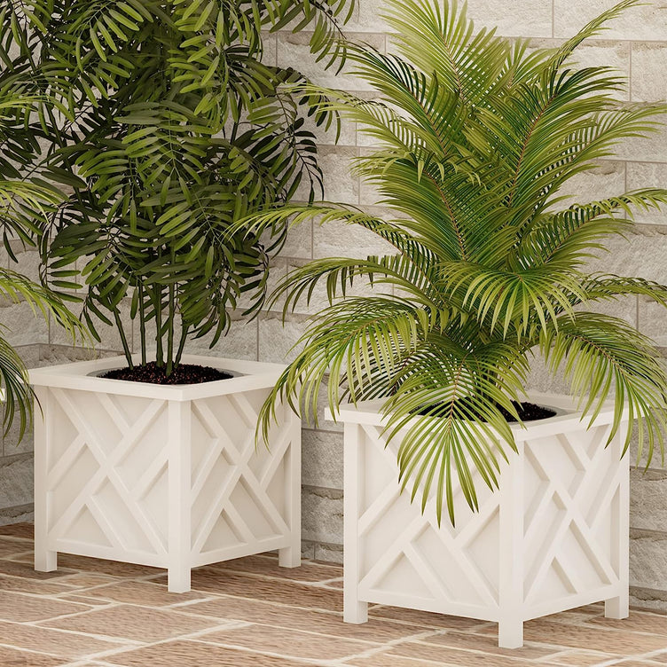 Lattice Design Planter Box 2-Pack – 14.75-Inch Decorative Outdoor Flower or Plant Pots – Front Porch, Patio, and Garden Decor by  (White)