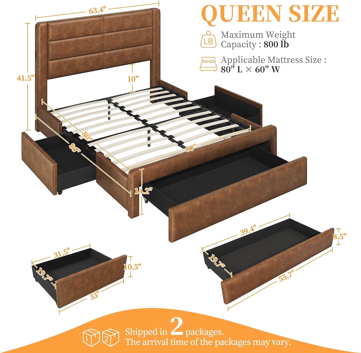 Queen Bed Frame with 2 USB Charging Stations/Port for Type A&Type C/3 Storage Drawers,Leather Upholstered Platform Bed with Headboard/Solid Wood Slat Support/No Box Spring Needed/Amber Brown