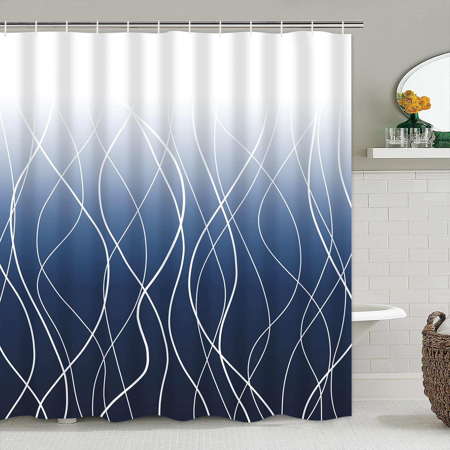 Blue Shower Curtain Sets with Rugs, Ombre Blue White Stripe Bathroom Curtain Set with Rugs Modernshower Curtain with Non-Slip Rug, Toilet Lid Cover and Bath Mat
