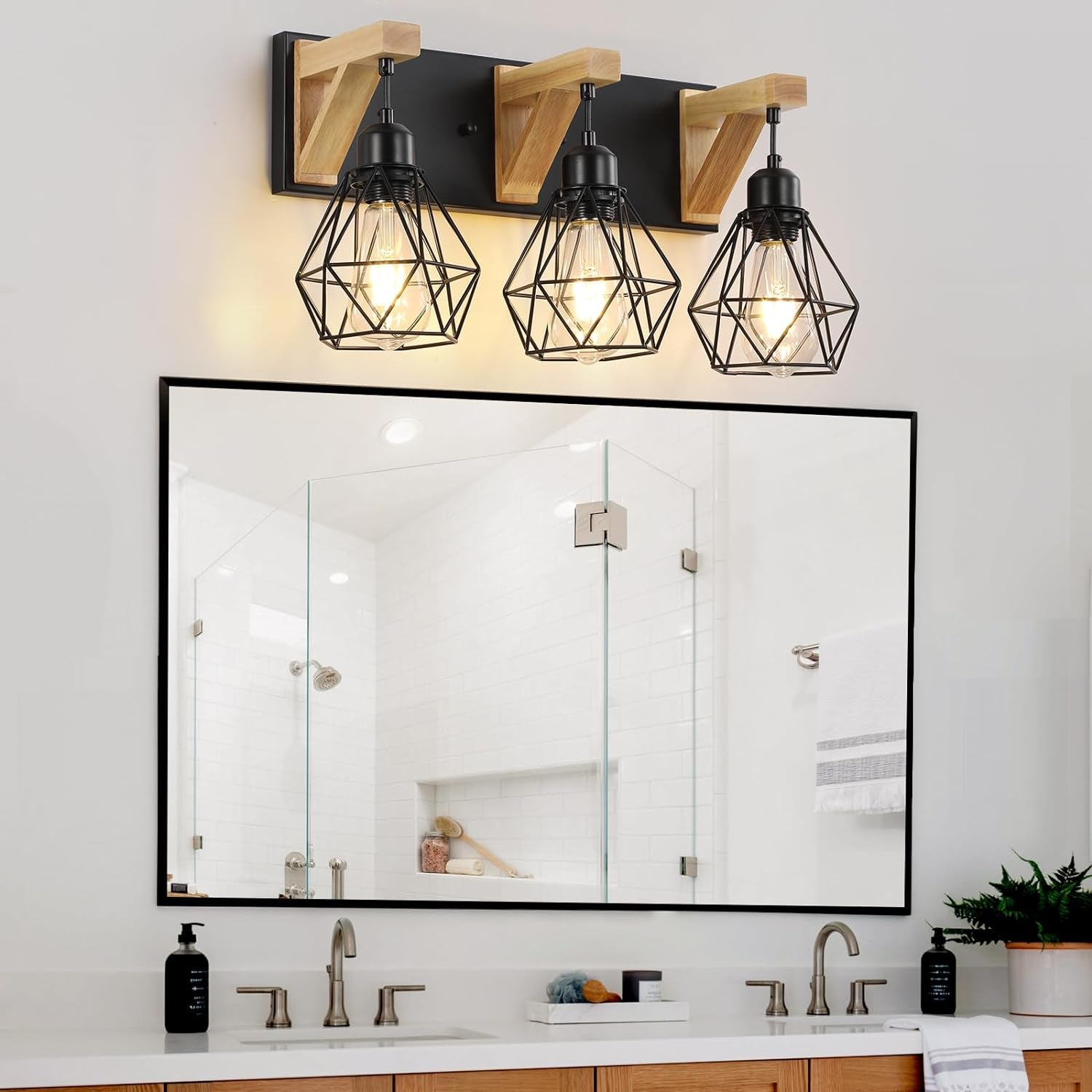 3-Light Farmhouse Bathroom Vanity Light Fixtures, Wood Bathroom Light over Mirror, Rustic Sconces Wall Lighting with Elegant Metal Lampshade for Living Room, Bedroom, Hallway