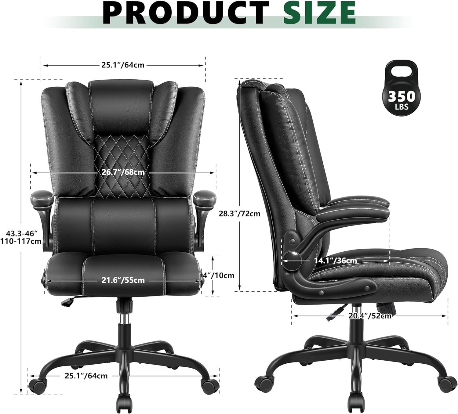 Office Chair,Executive Leather Chair Home Office Desk Chairs Ergonomic High Back with Lumbar Suppor Computer Chair Adjustable Flip-Up Armrest Swivel Rolling Chair with Rocking Function(Black