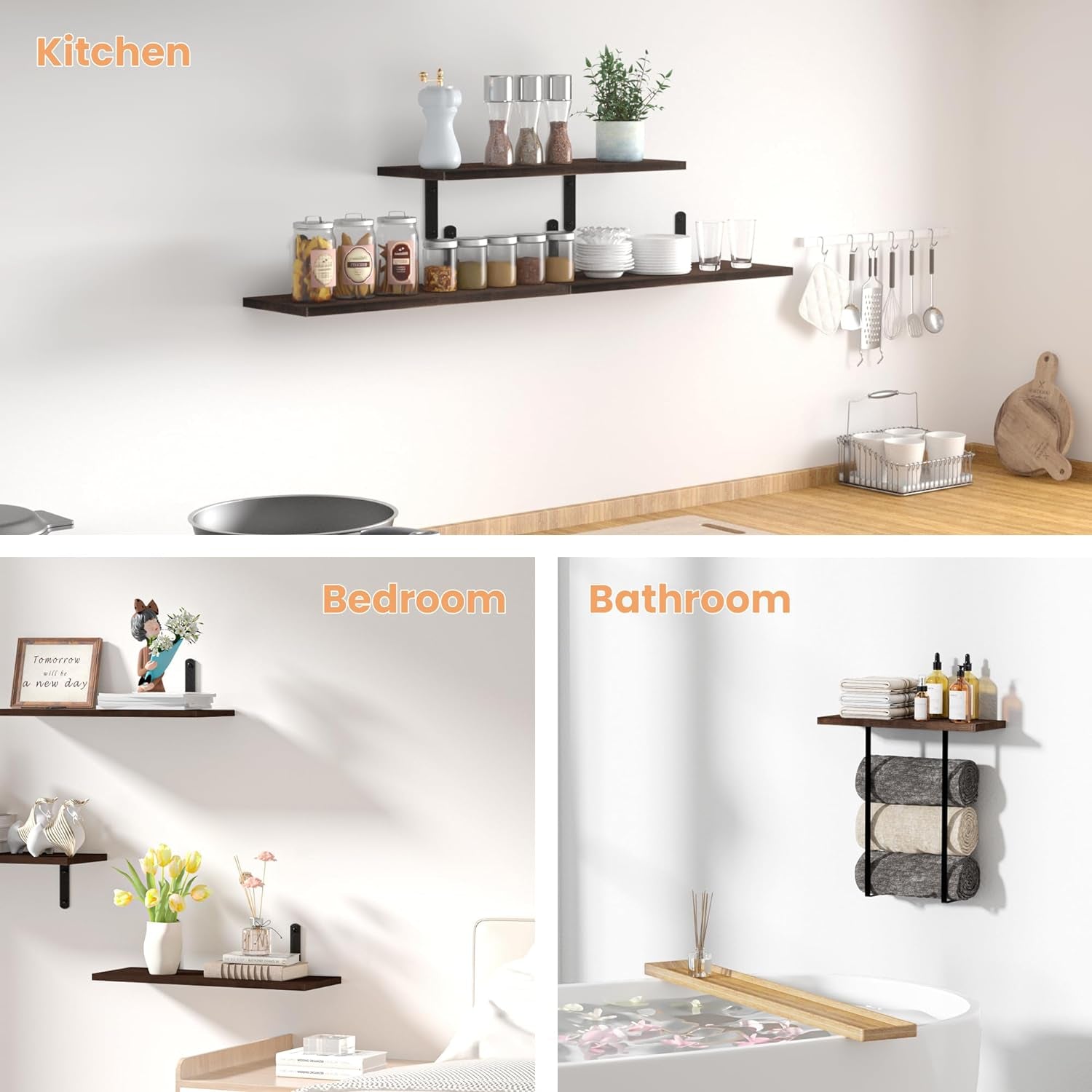 Bathroom Shelves over Toilet, 3+1 Tier Floating Shelves, Dark Brown Wooden Storage Wall Shelves with Towel Rack, Wall Mounted Hanging Shelf for Bedroom, Kitchen, Living Room, Laundry Décor