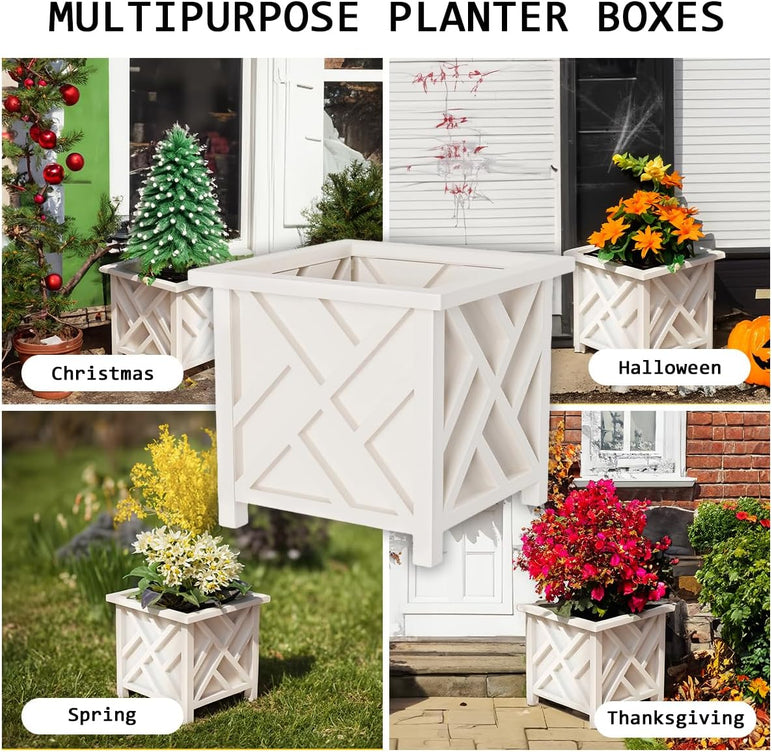 Lattice Design Planter Box 2-Pack – 14.75-Inch Decorative Outdoor Flower or Plant Pots – Front Porch, Patio, and Garden Decor by  (White)