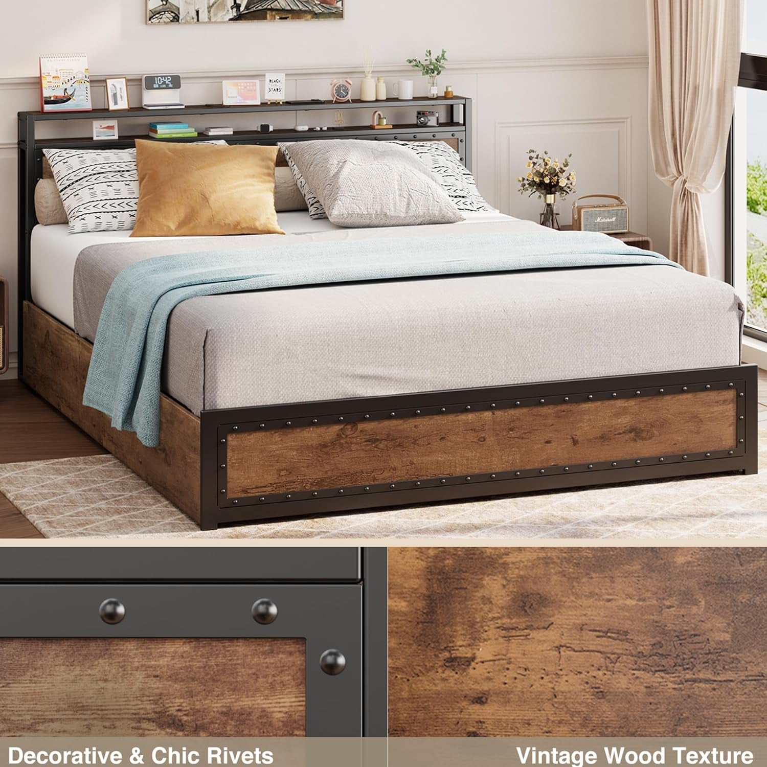Queen Bed Frame with 4 Storage Drawers and 2-Tier Headboard, Platform Bed Frame with Sturdy Steel Slats, Noise Free, No Box Spring Needed, Easy Assemble, Retro