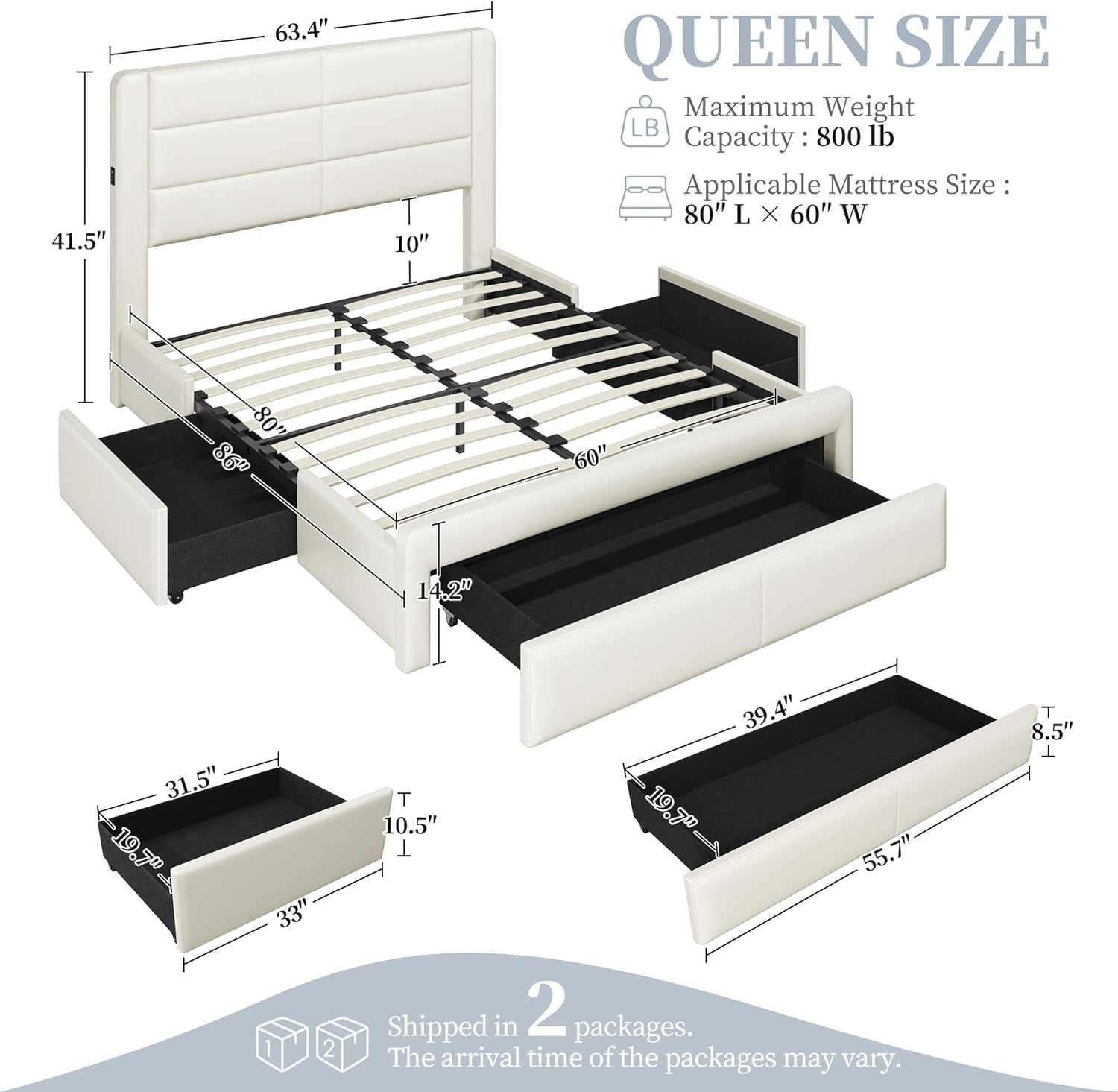 Queen Size Bed Frame with 2 USB Charging Station/Port for Type A&Type C/3 Storage Drawers, Leather Upholstered Platform Bed with Headboard/Solid Wood Slat Support/No Box Spring Needed/Beige