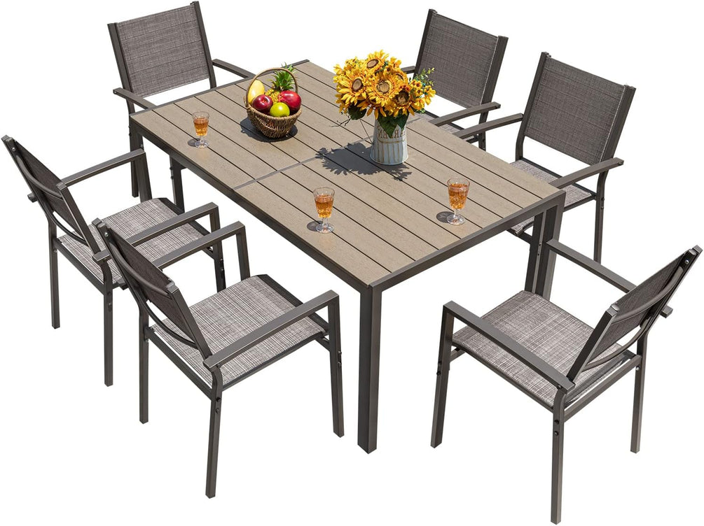 7 Pieces Patio Dining Set Outdoor Furniture with 6 Stackable Textilene Chairs and Large Table for Yard, Garden, Porch and Poolside (Grey)