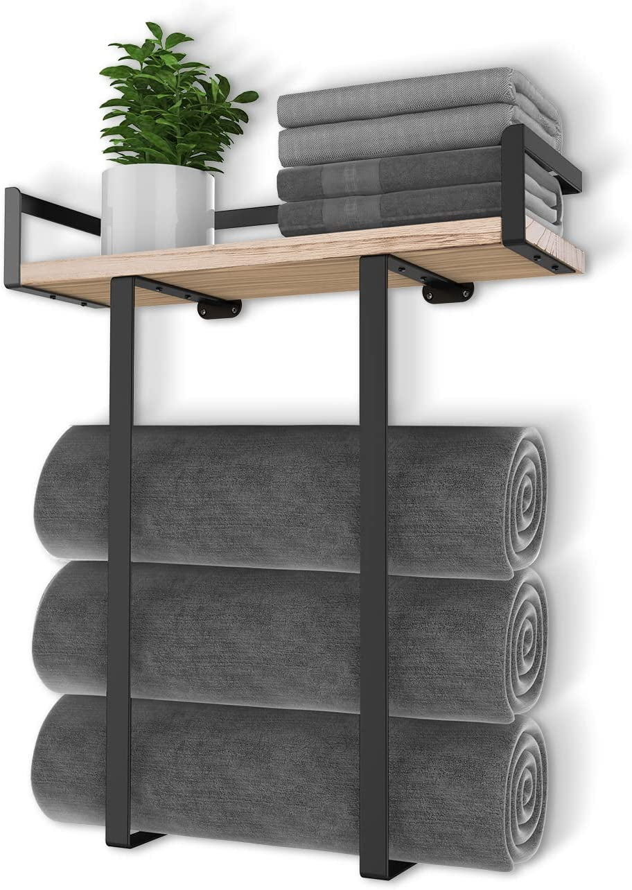 Towel Racks for Bathroom Wall Mounted,  Metal Towel Holder with Wooden Shelf for Folding Large Towels, Towel Storage for Small Bathroom Organizer Decor or RV Camping, Black