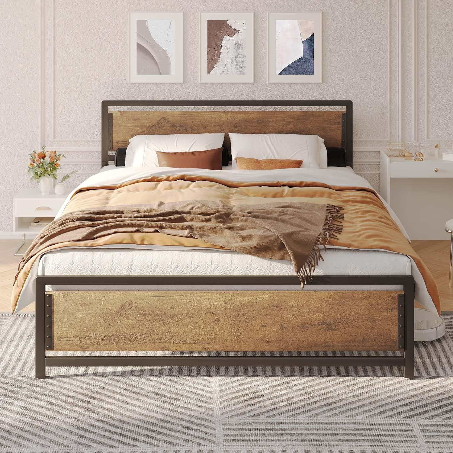 Queen Metal Platform Bed Frame with Wooden Headboard, 15 Iron Slats, Large Underbed Storage, Easy Assembly, No Box Spring Needed