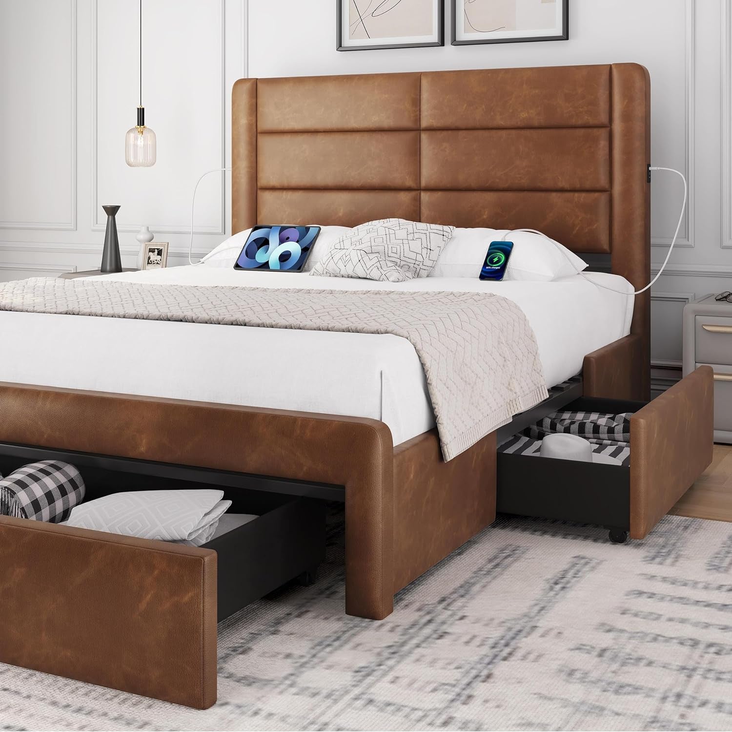 Queen Bed Frame with 2 USB Charging Stations/Port for Type A&Type C/3 Storage Drawers,Leather Upholstered Platform Bed with Headboard/Solid Wood Slat Support/No Box Spring Needed/Amber Brown