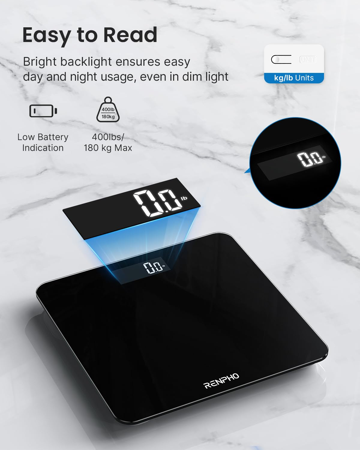 Digital Bathroom Scale, Highly Accurate Body Weight Scale with Lighted LED Display, round Corner Design, 400 Lb, Black-Core 1S