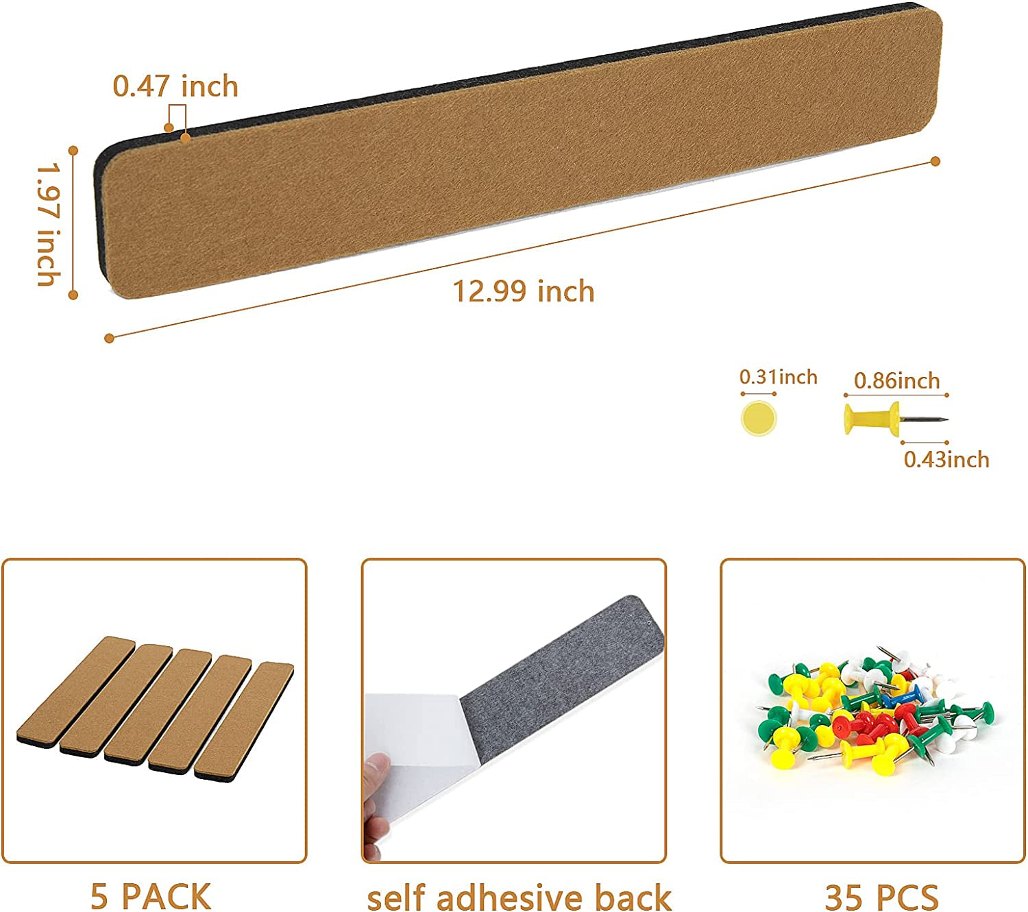 Felt Pin Board Bar Strips Bulletin Board for Bedrooms Offices Home Wall Decoration, Notice Board Self Adhesive Cork Board with 35 Push Pins for Paste Notes, Photos, Schedules