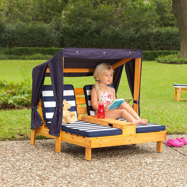 Wooden Outdoor Double Chaise Lounge with Cup Holders, Kid'S Patio Furniture, Honey with Navy and White Striped Fabric, Gift for Ages 3-8