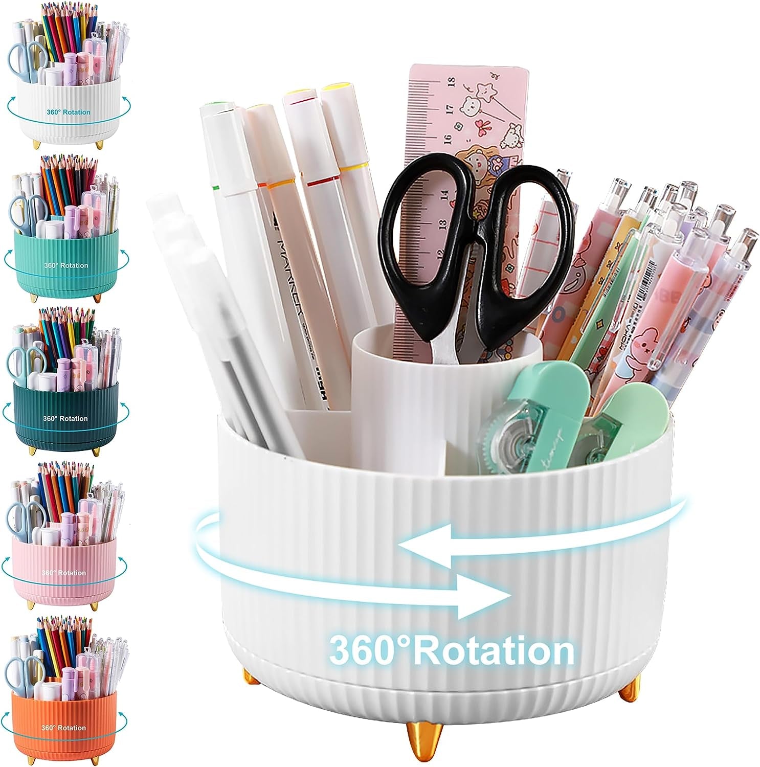 Pencil Holder for Desk,5 Slots 360°Degree Rotating Desk Organizers and Accessories,Desktop Storage Stationery Supplies Organizer, Cute Pencil Cup Pot for Office, School, Home (B-White)